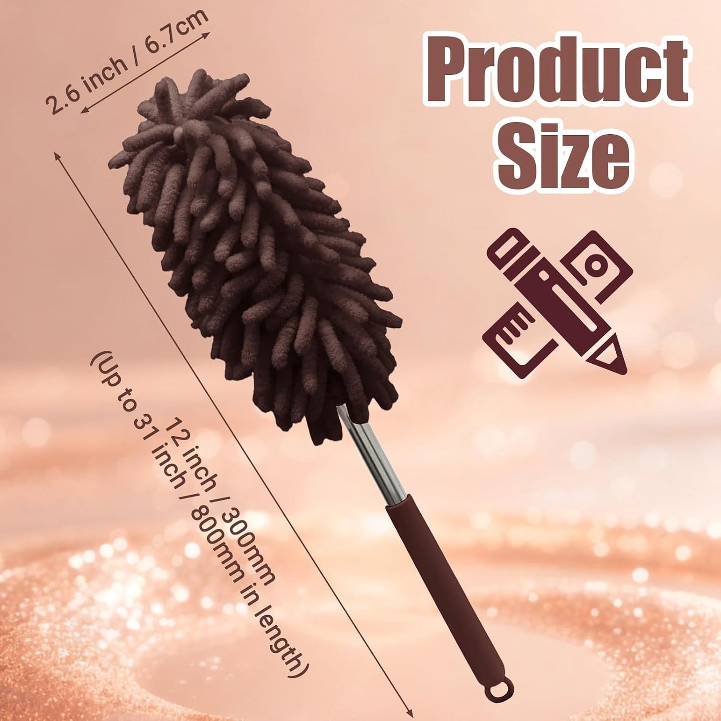 2 Pack Car Interior Duster, Brown Retractable Cleaning Tool, 12 to 31 Inch Extendable Pole with Bendable Head, Soft Chenille Dusting Brush for Auto, Home, Office & Furniture