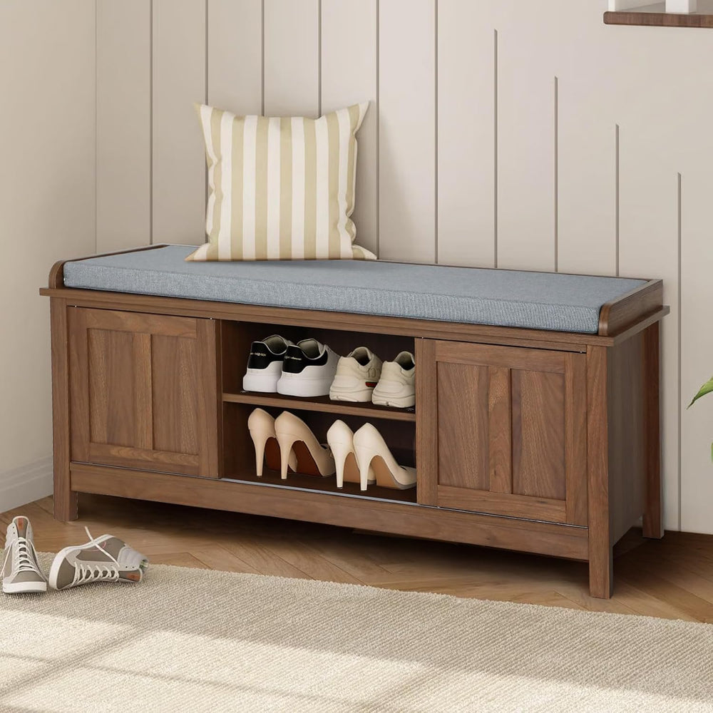 Shoe Storage Bench with Sliding Doors & Adjustable Shelves