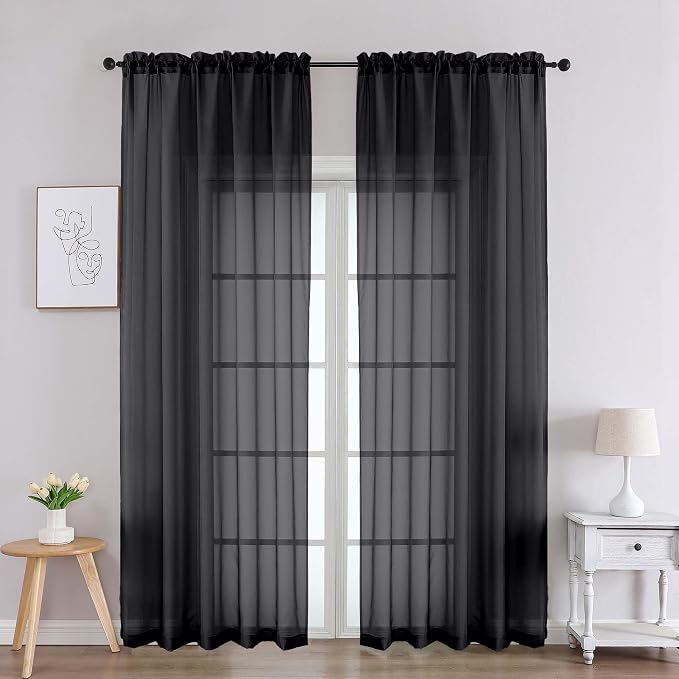 Chyhomenyc Black Sheer Curtains 90 Inches Long 2 Panels, Light Filtering Black by Chyhomenyc