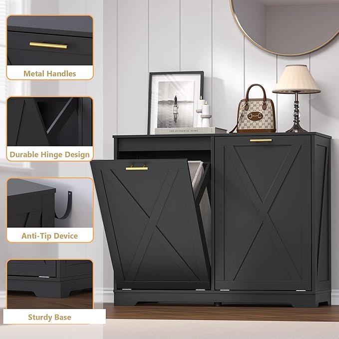Tilt Out Trash Can Cabinet for 2 Bins, Hidden Recycle Garbage Bin Enclosure - Image 5