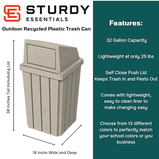 32 Gallon Square Slatted 100% Recycled Plastic Heavy-Duty Commercial Outdoor - Image 2