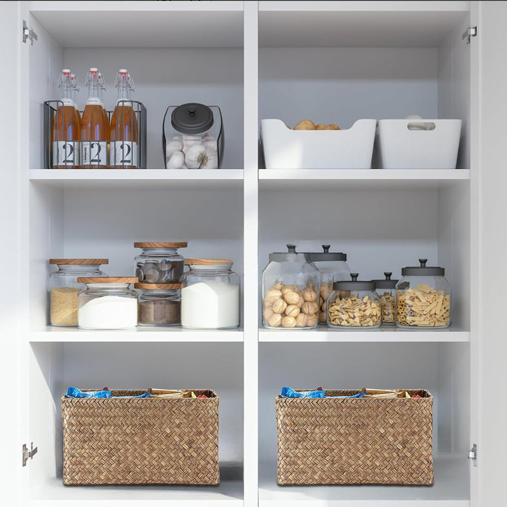 Hipiwe 2 Pack Natural Seagrass Basket with Handles Decorative Wicker Basket B...