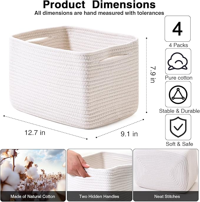 White Storage Baskets for Organizing, Woven Storage Baskets for Shelves - Image 2