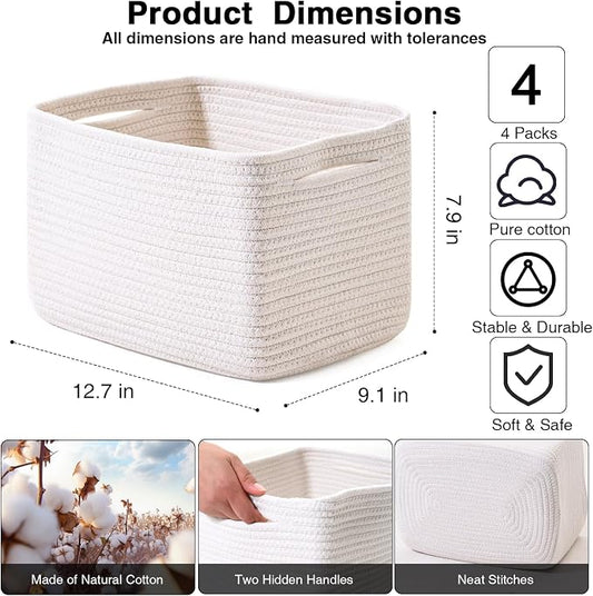 White Storage Baskets for Organizing, Woven Storage Baskets for Shelves - Image 2