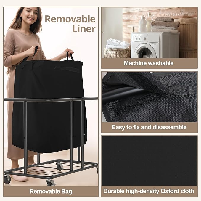 Laundry Hamper with Wheels, 2-Section 230L Large Capacity, Heavy-Duty Rolling - Image 4