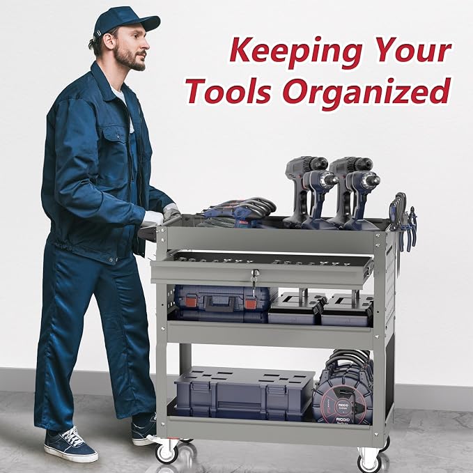 3 Tier Rolling Tool Cart on Wheels, Heavy Duty Industrial Utility Cart Service - Image 4