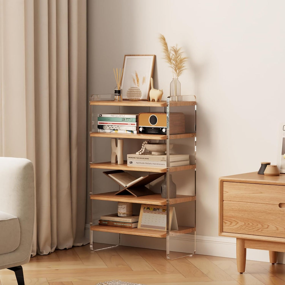 5-Tier Shoe Rack, Wood Acrylic Shoe Shelf, Natural, 18.9" W