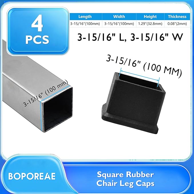 4 Pcs 4" x 4" Square Rubber Chair Leg Caps, PVC Table Leg Covers, Flexible & - Image 2