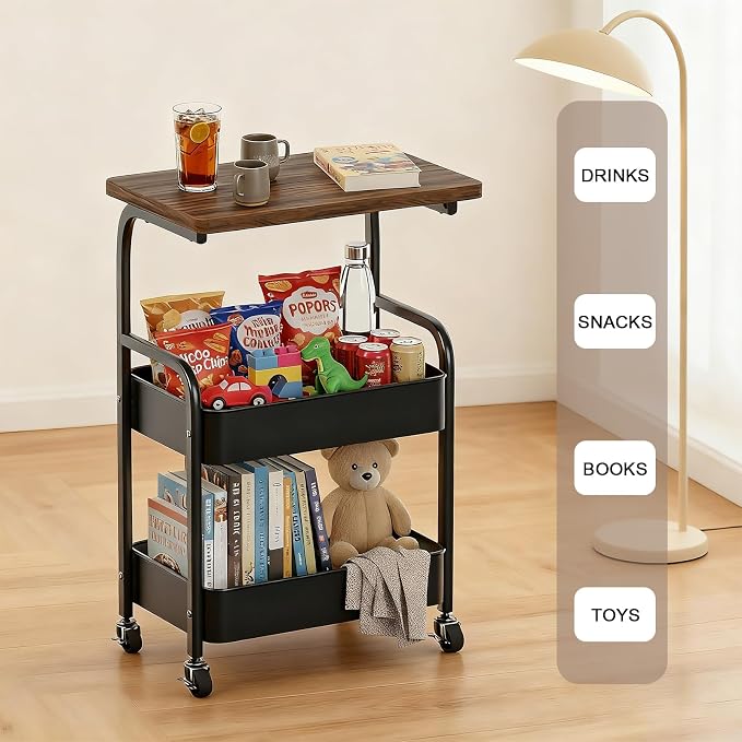 Rolling Cart with Wooden Tabletop 3-Tier Metal Utility Rolling Cart Storage - Image 3