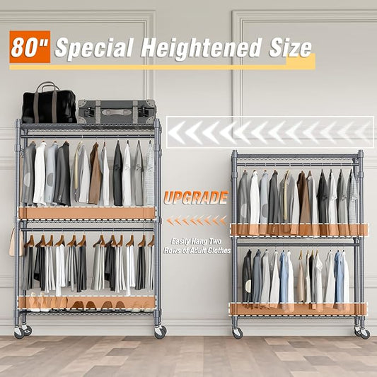 Homdox Rolling Clothes Rack Heavy Duty, 3-Tier Adjustable Wire Shelving Garment - Image 2