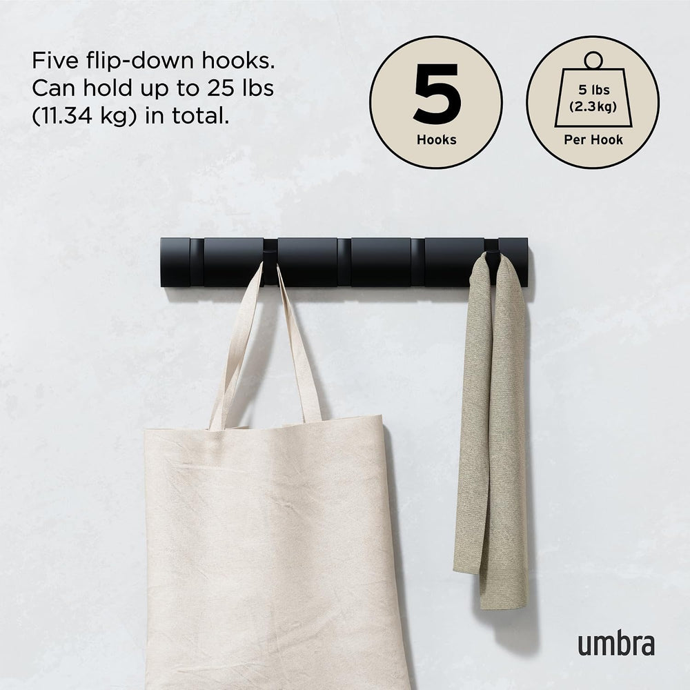 Umbra Flip Coat Rack, Wall Mounted 5-Hook Space Saving, Black/Black