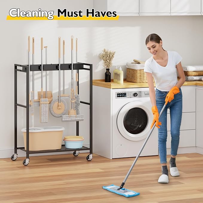 BORISI Broom And Mop Holder, Movable Broom Closet Storage Cabinet, Cleaning Cart - Image 9