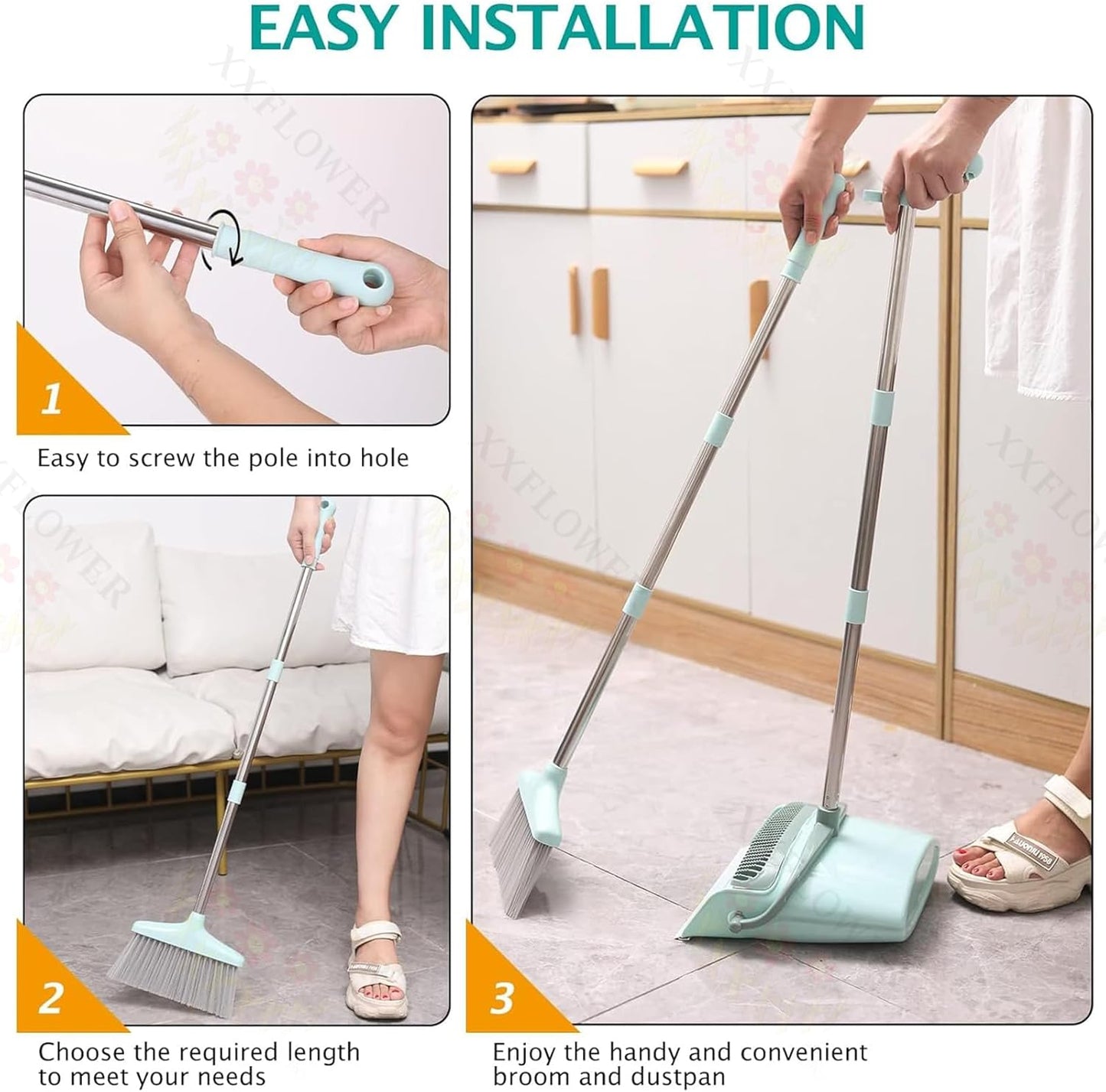 XXXFLOWER Broom and Dustpan Set with Cleaning Teeth, 55" Long Handle Indoor Sweeping Combo for Home Office Kitchen, Bluish Green