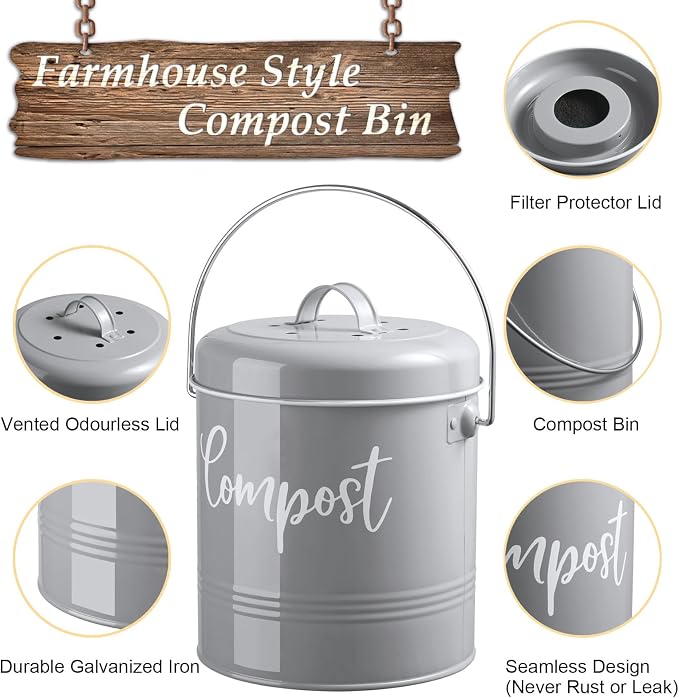 Gray Compost Bin Kitchen, 1.3 Gallon Farmhouse Kitchen Compost Bin Countertop - Image 2