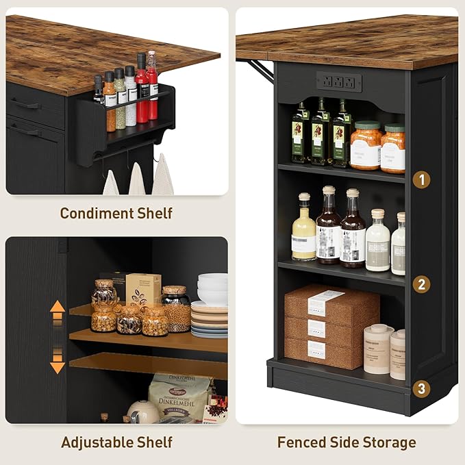 Kitchen Island with Power Outlet & Drop Leaf, Rolling Storage Cart with Trash - Image 6