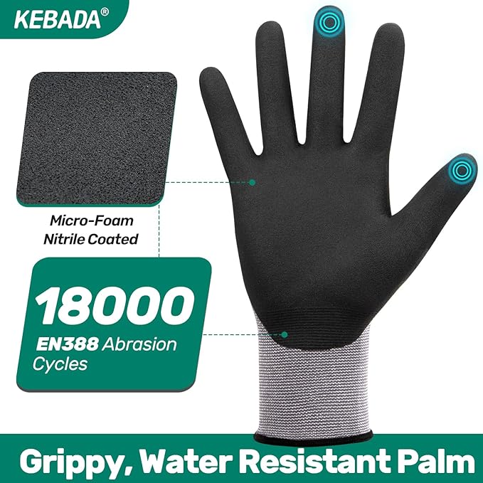 Kebada W2 Work Gloves for Men and Women, Nitrile Coated Working Gloves for - Image 2