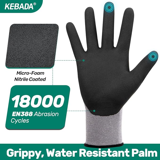 Kebada W2 Safety Work Gloves, Micro-Foam Nitrile Coated Gloves, Touchscreen - Image 3