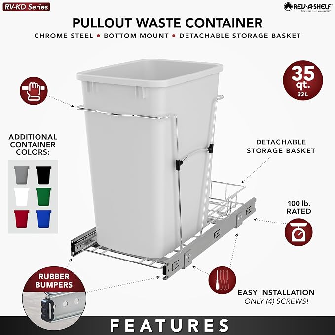 Rev-A-Shelf Pullout Trash Can for Kitchen Cabinets 35 Qt Garbage Waste - Image 2