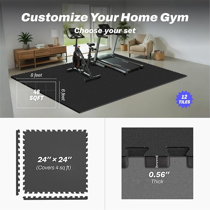 AIRHOP 0.56in Thick 48 Sq Ft Exercise Equipment Mats, 12 Tiles Upgraded Rubber - Image 4