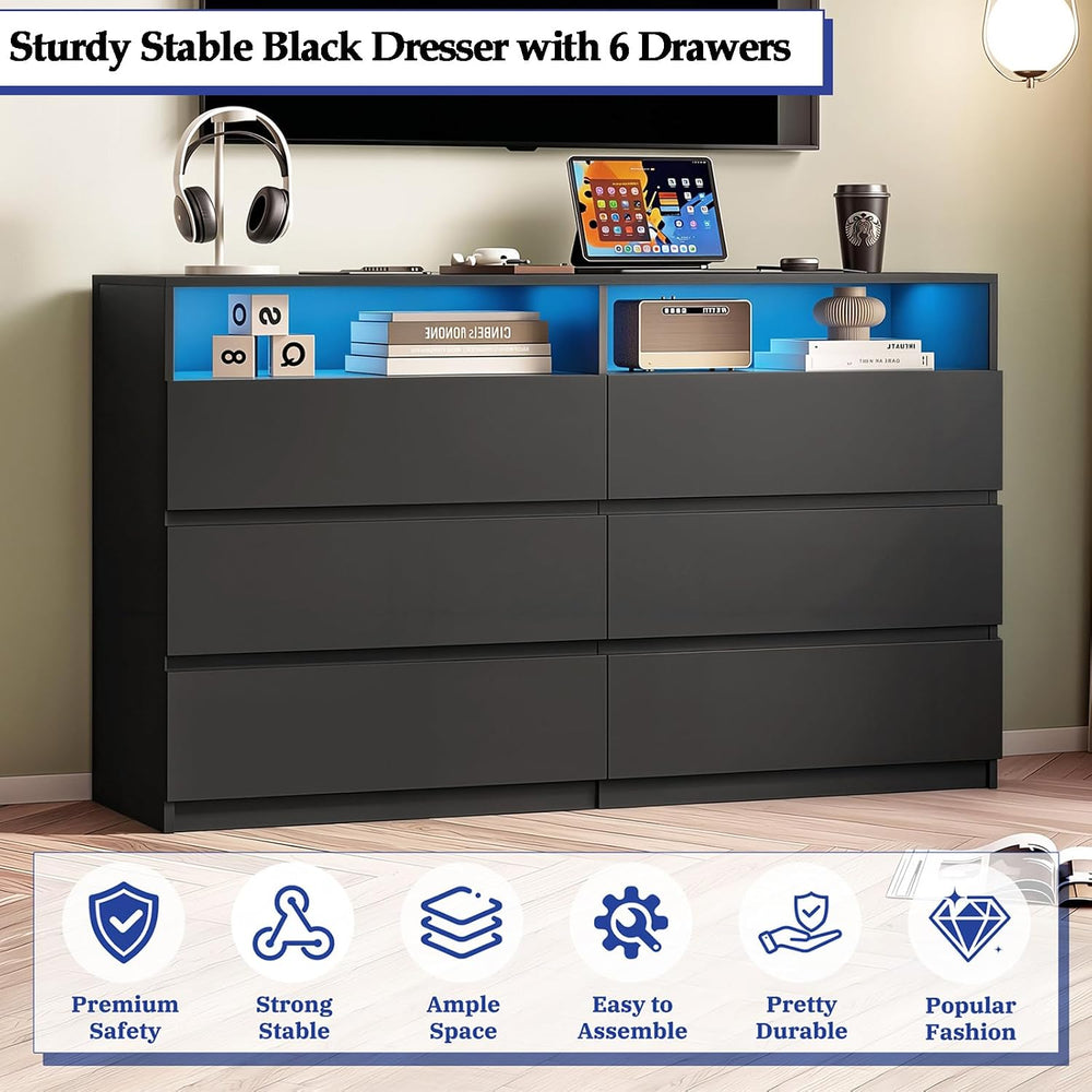 Premium 6 Drawers 2 Shelves 47"L Bedroom Black Dresser with RGB Lights