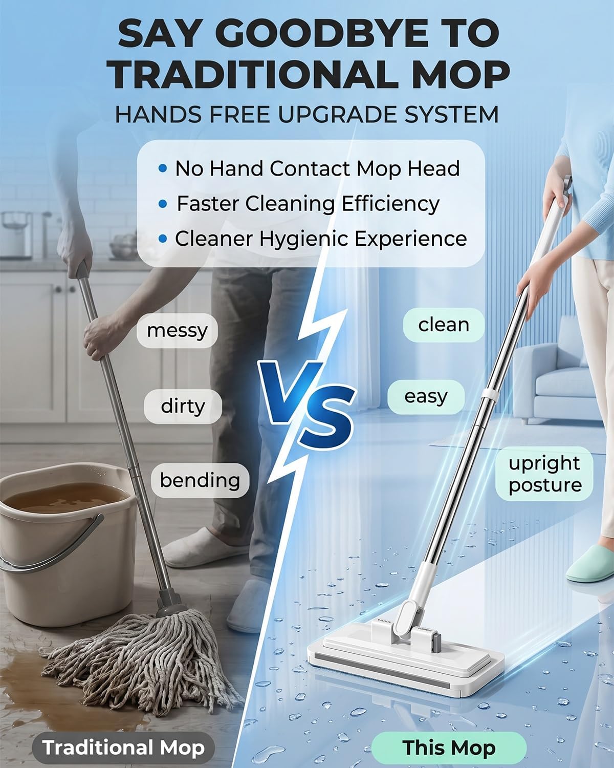 Hands Free Multi Purpose Flat Mop One Click Mini Snap Grip Easy Tap Disposable Multifunctional Lazy Clamp Dust Wall Bathroom Mop System Using Any Cloth Attachment Changing for Floor(53.1in Set)