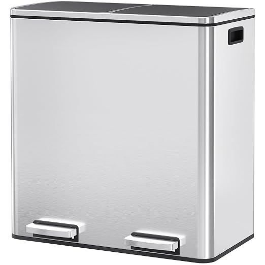 Arlopu 16 GallonStainless Steel Trash Can, 60L Dual Compartment, Metal Kitchen by Arlopu