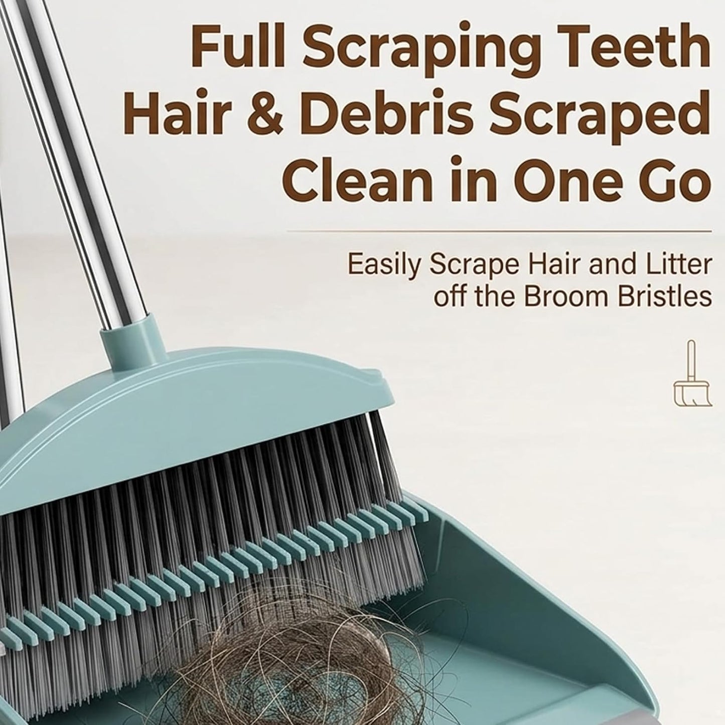 Dust Pan and Broom Set, Long Handled Dust Pan with Built-in Comb for Pet Hair, Soft Bristles Broom with Dustpan Combo Set for Indoor Floor Cleaning (Nordic Blue), with Dustpan Combo