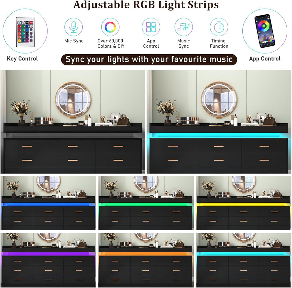 Hlivelood 9 Drawer Dresser with LED Light and Charging Station, Modern Chest ...