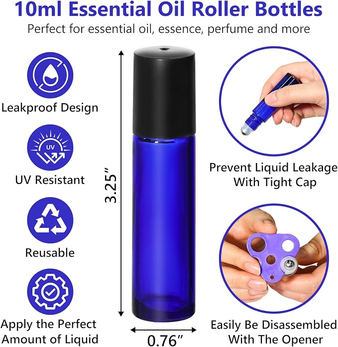 KEYWING 54 Pack Blue Essential Oil Roller Bottles – 10ml Glass Roll-On Bottles - Image 3