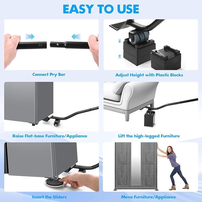 Furniture Lifter Tool + 8-Pack of 3.5" Sliders, Save 80% Effort, Safely and - Image 7