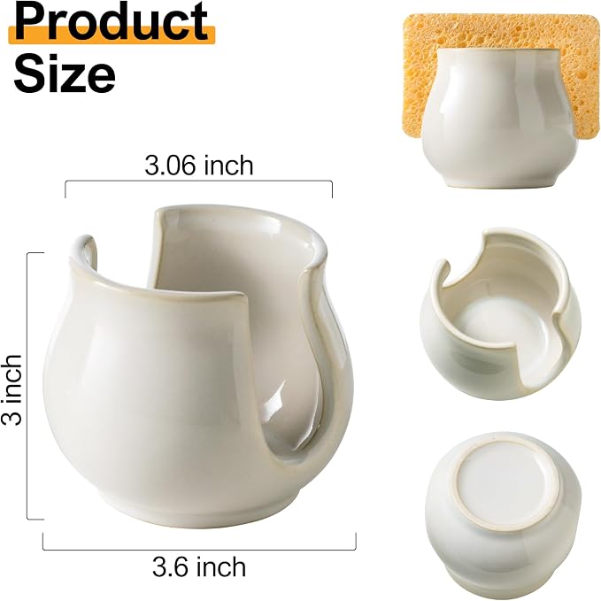 Sponge Holder for Kitchen Sink Counter, Ceramic Dish Sponge Caddy White Sink - Image 4