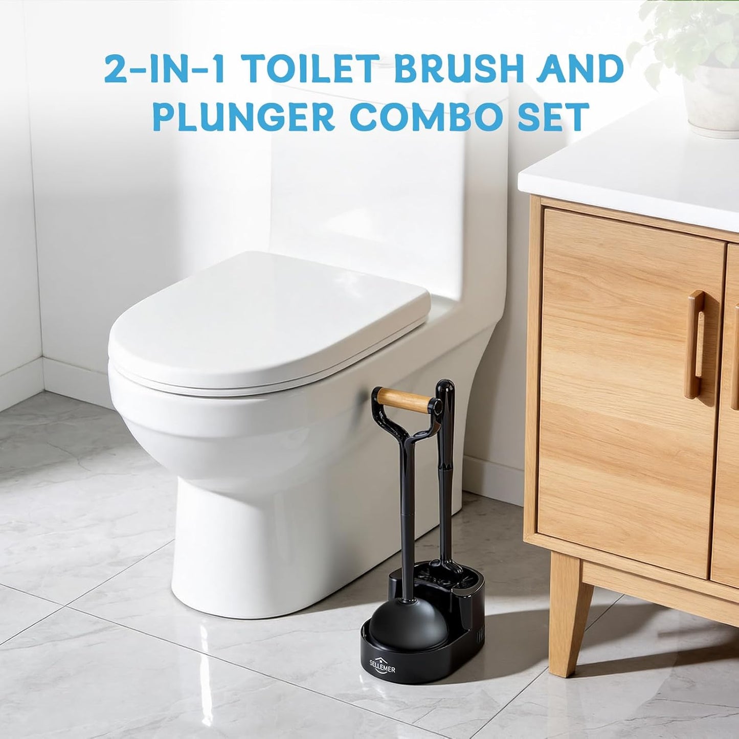 Sellemer Toilet Brush and Plunger Set, Curved Design Head for Deep Cleaning, Heavy Duty Toilet Bowl Brush and Plunger Combo with Holder for Bathroom Cleaning, Black, 1 Pack