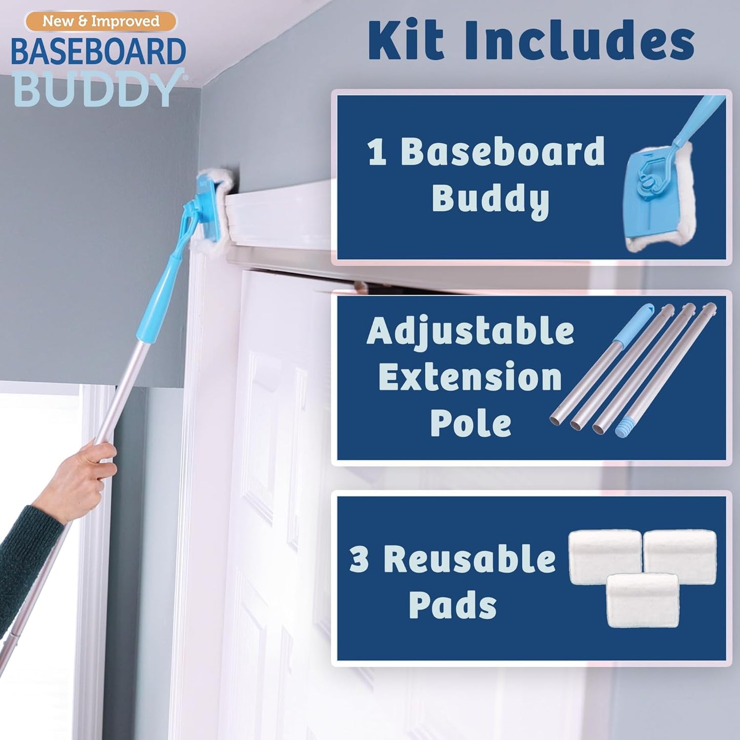 Baseboard Buddy | Lightweight Home Cleaning Essential, Perfect for Baseboards, Moldings & Walls, Glide & Wipe Trapping & Locking Dirt & Dust | As Seen on TV, (1 Baseboard Buddy & 3 Reusable Pads)