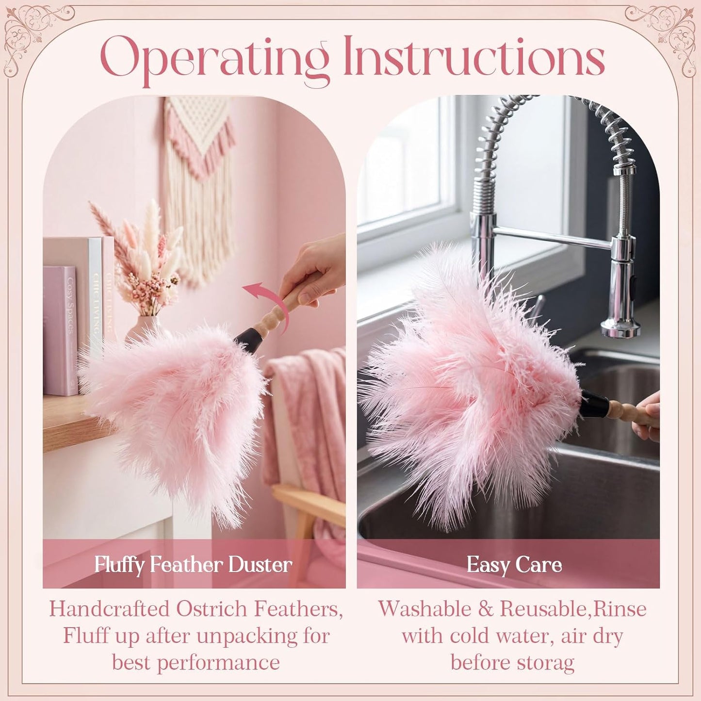 Hushee 2 Pcs 13.3" Pink Ostrich Feather Duster for Cleaning with Solid Wooden Handle Natural Feather Hang Strap Reusable Household Duster for Cleaning Supplies, Ceiling Fan, Crafts, Blinds, Furniture