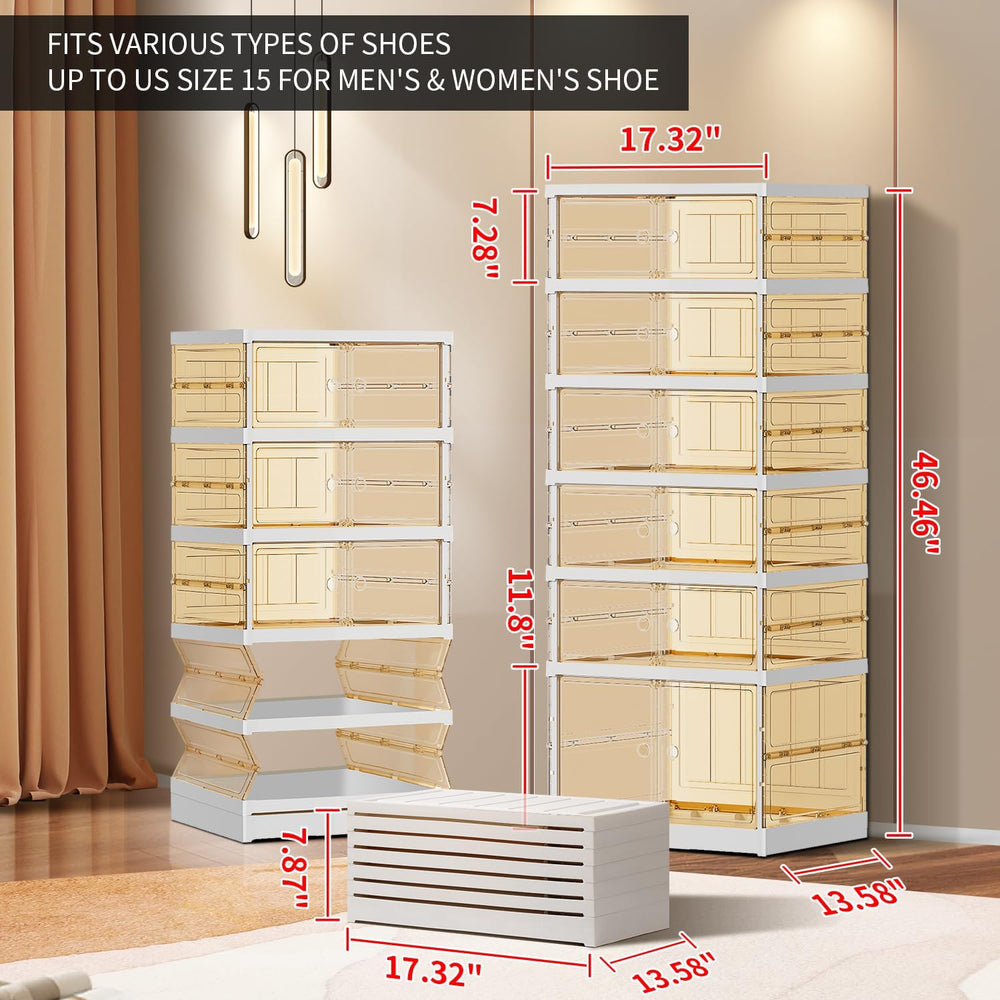EHAMILY 6-Tier Foldable Shoe Rack Organizer with Doors, 12 Pairs, White