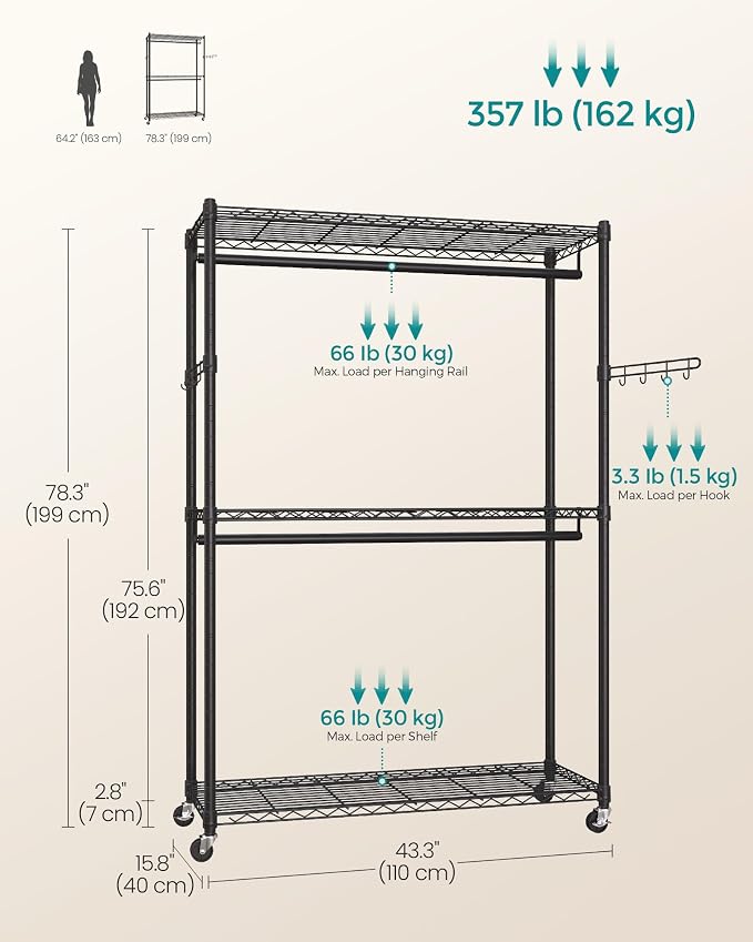 SONGMICS Heavy-Duty Rolling Clothes Rack, Garment Rack, Portable Closet