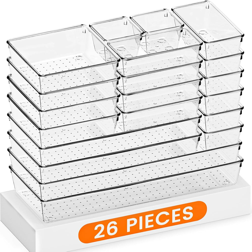 Criusia Drawer Organizer, 26 Pack Clear Plastic Drawer Organizer Bins,