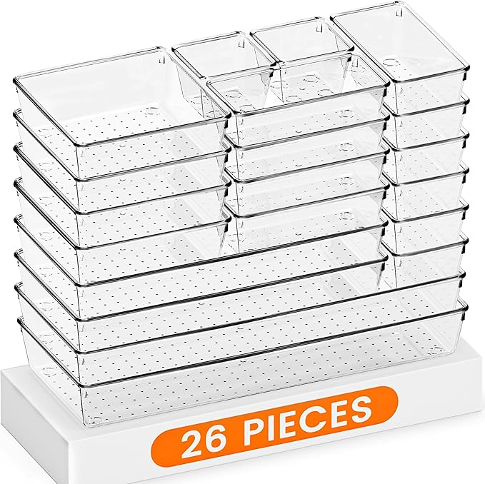 Criusia Drawer Organizer, 26 Pack Clear Plastic Drawer Organizer Bins, by Criusia