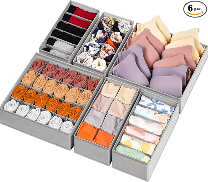 6 Pack Sock Underwear Drawer Organizer Dividers, 58 Cell Foldable Fabric by Criusia