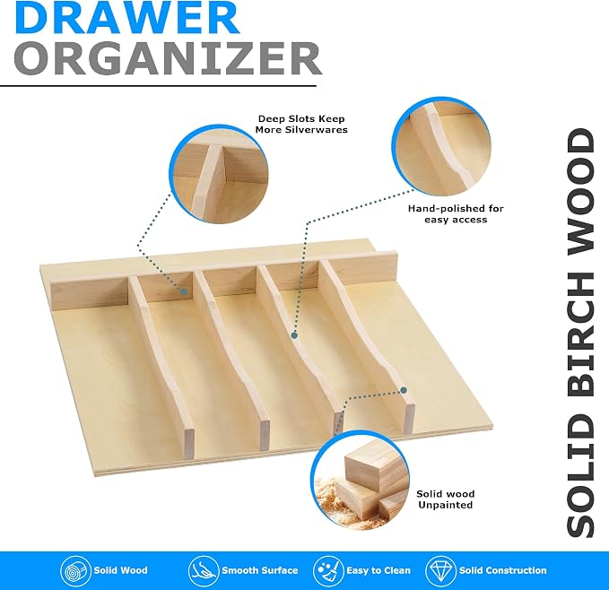 WelFurGeer Solid Birch Wood Silverware Drawer Organizer, Wooden Cutlery Drawer - Image 4