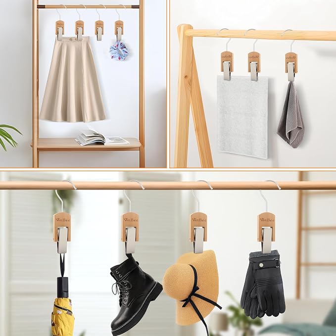 VinBee 6 PCS Hooks with Clips for Hanging, Wooden Laundry Hooks Hanging Clips - Image 6