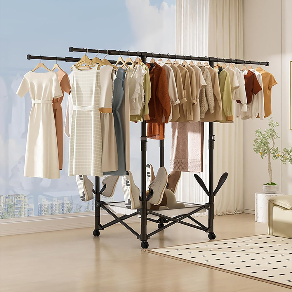 Foldable Collapsible Rolling Clothes Drying Rack,Adjustable Double Rods Laund...