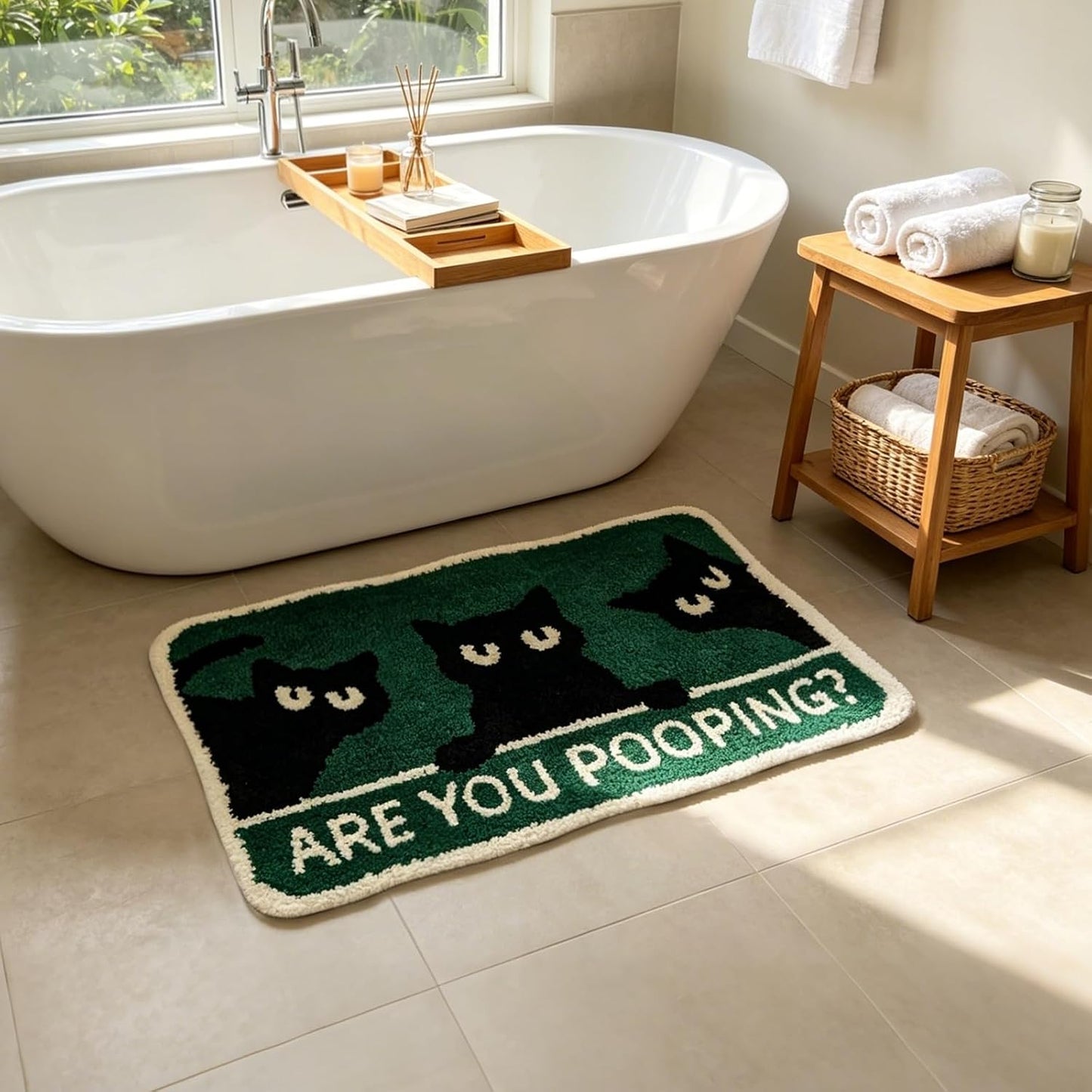 Cute Cat Bath Mat, Non Slip Funny Rug, Soft Absorbent Kitchen Carpet Machine Washable, Animal Patterns Green Rug for Shower Sink Bathtub Room Decor, 32 x 20 Inch