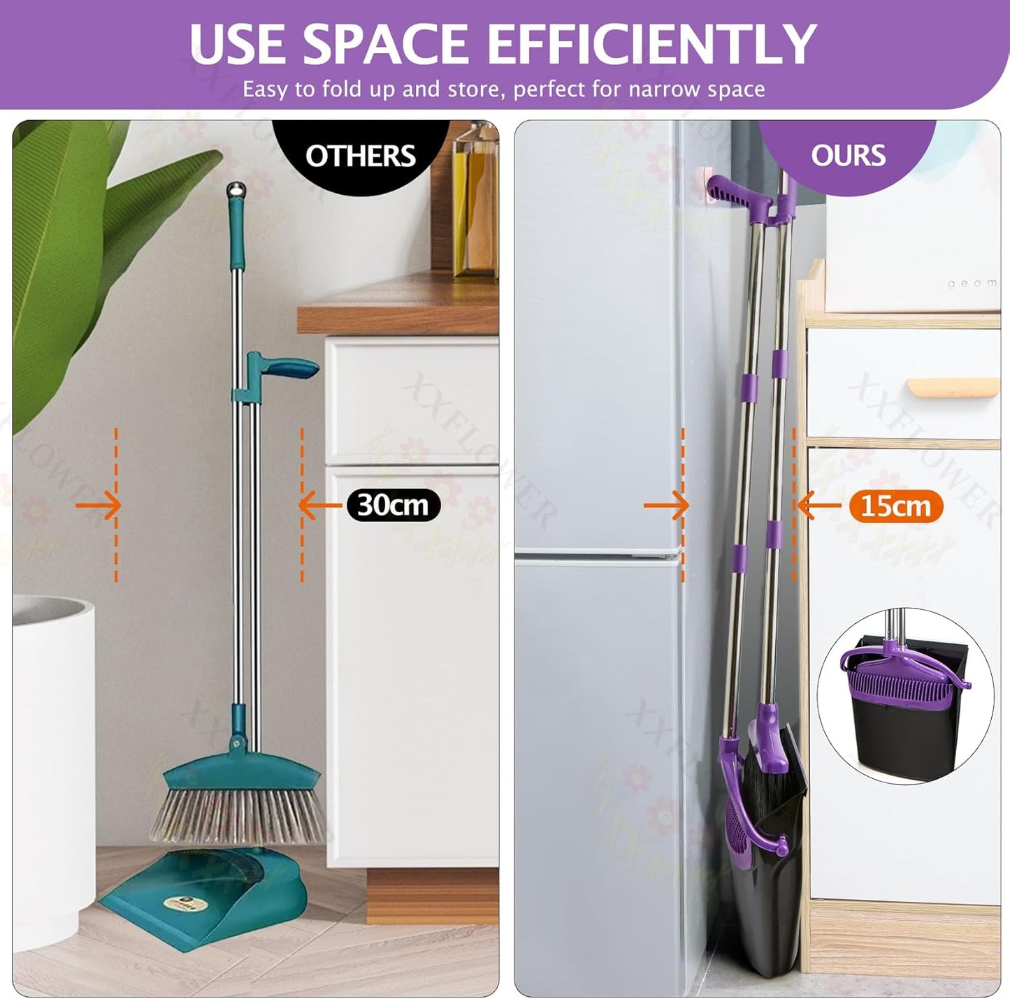 Broom and Dustpan Set with Long Handle, Light Weight Stainless Steel Poles Stand Upright Dustpans with Broom Combo for Home Kitchen Office Pet Dog Hair, 1-Pack (Purple)