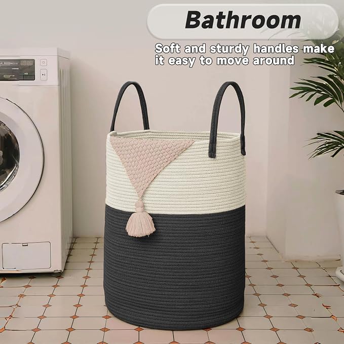 Large Woven Laundry Basket Hamper, 80L Cotton Rope Storage Bin - Image 5