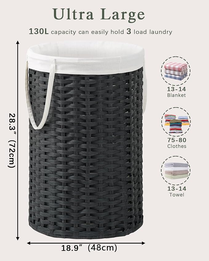 34.3 Gal Large Laundry Hamper Laundry Basket Round Handwoven Wicker Laundry - Image 5
