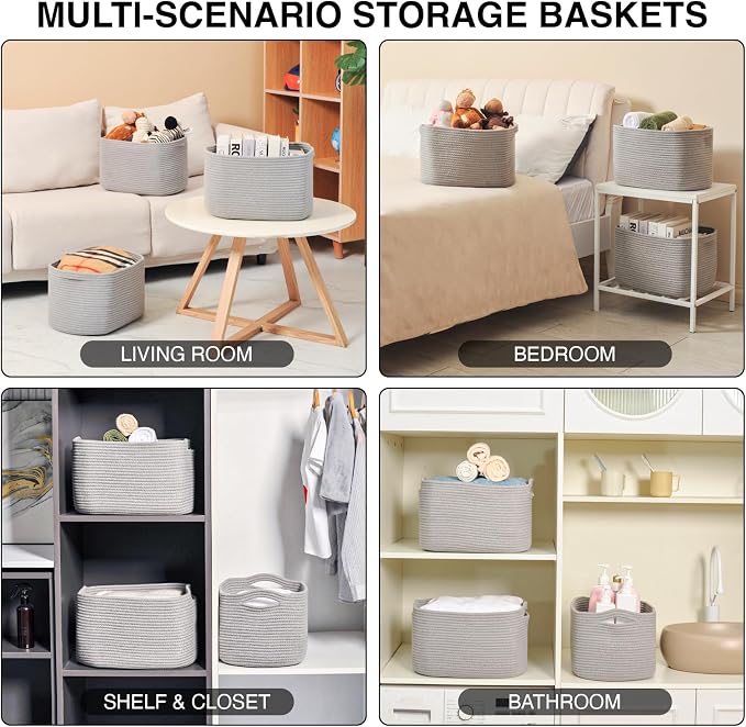 Storage Baskets for Organizing Shelves, Woven Cotton Rope Bins for Baby Nursery - Image 5