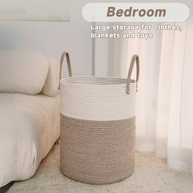 Large Woven Laundry Basket Hamper, 60L Cotton Rope Storage Bin - Image 4