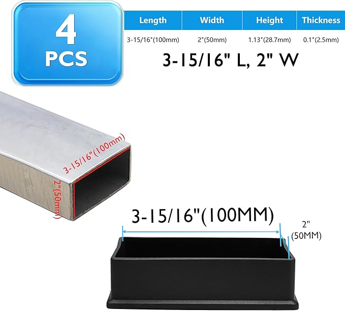 4 Pcs 2" x 4" Rectangular Rubber Chair Leg Caps, PVC Table Leg Covers, Flexible - Image 2