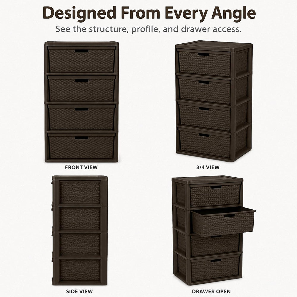 4-Drawer Plastic Storage Tower, Wide Bedroom Closet Storage Chest, Brown